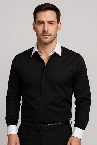 Camisa Negra Cuello Combinado Blanco Entallada